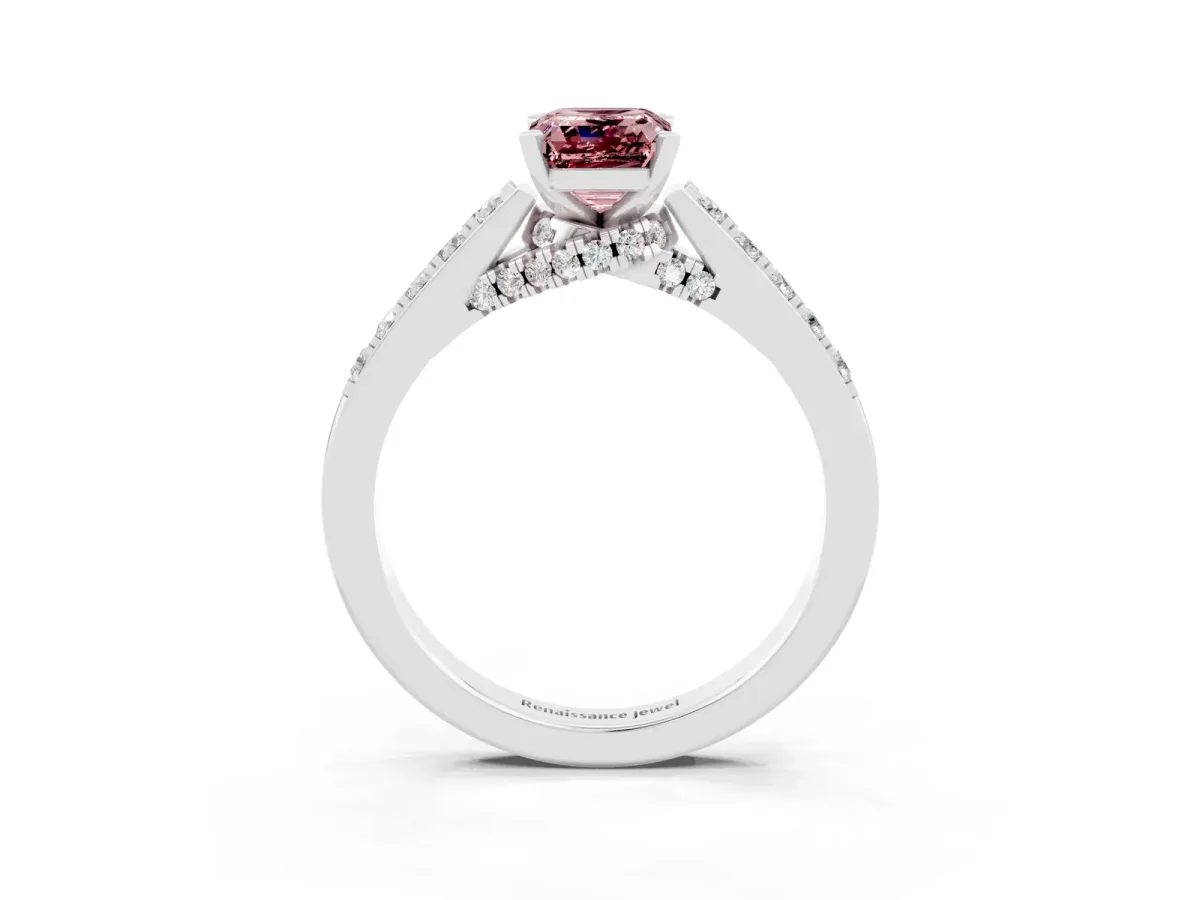 Emerald Cut Morganite Solitaire Ring with Crossover Gallery and Round Pavé Band Silver