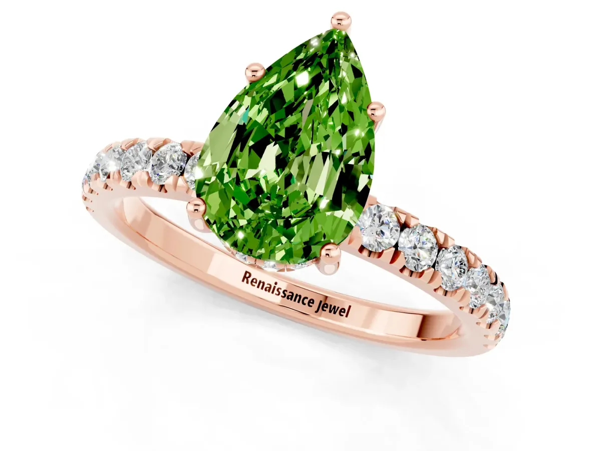 Pear Cut Peridot Pave Band Solitaire Ring with Round and Prong Setting Rose gold