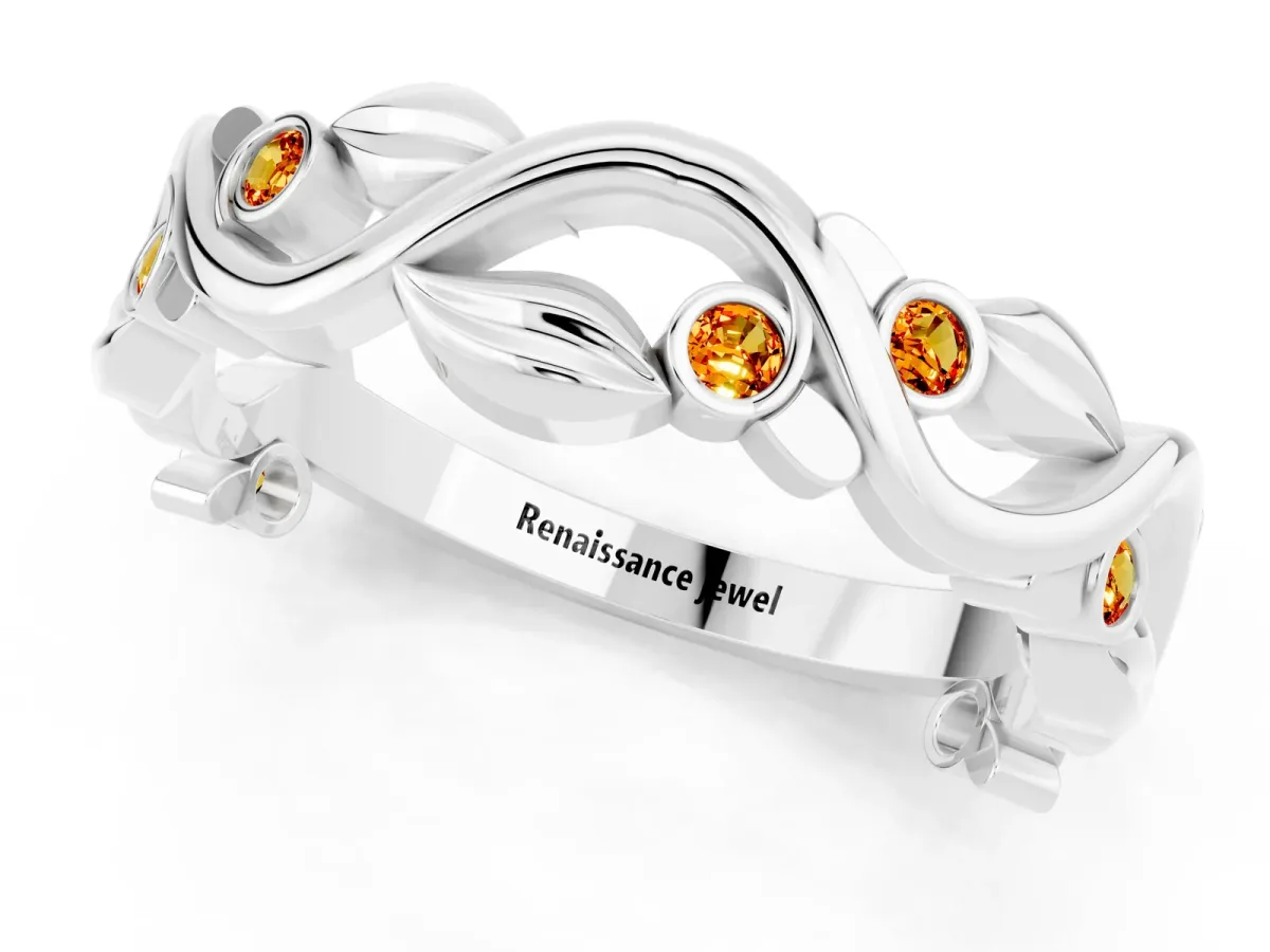 Round Citrine Leaf Eternity Band with Bezel Setting White gold