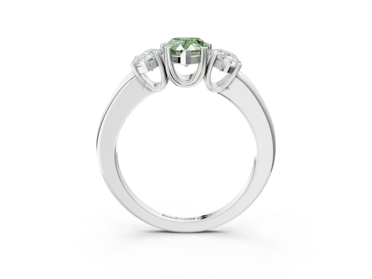 Fancy Green Three-Stone Pear Cut Cut Diamond Ring with Channel Set Band and Four-Prong Setting Silver