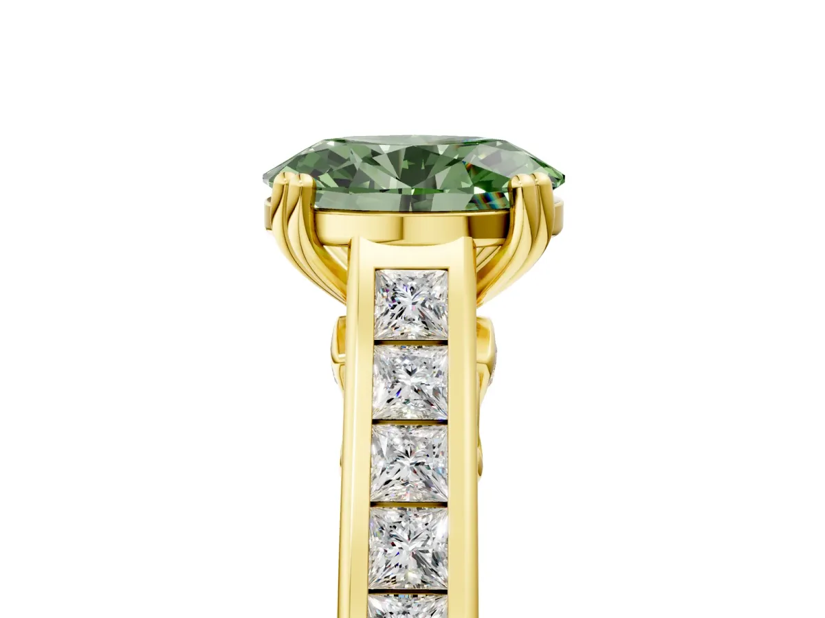 Fancy Green Oval Cut Cut Channel Set Solitaire Engagement Ring with Prong Setting Yellow gold