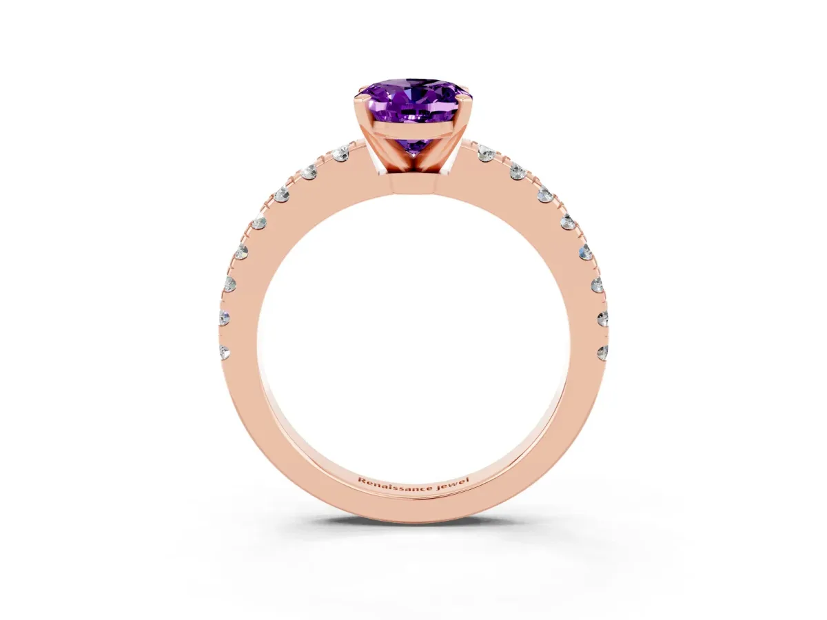 Oval Cut Solitaire Amethyst with Pavé Band and Four-Prong Setting Rose gold
