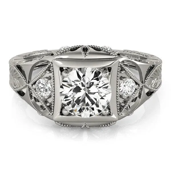 Milgrain Bezel Round Cut-Cut Filigree Engagement Ring Silver