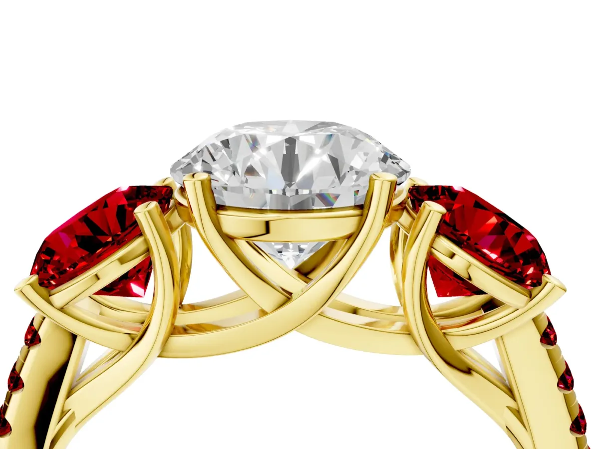 Three-Stone Round Cut Diamond Ring with Round Ruby Pavé Band and Prong Setting Yellow gold