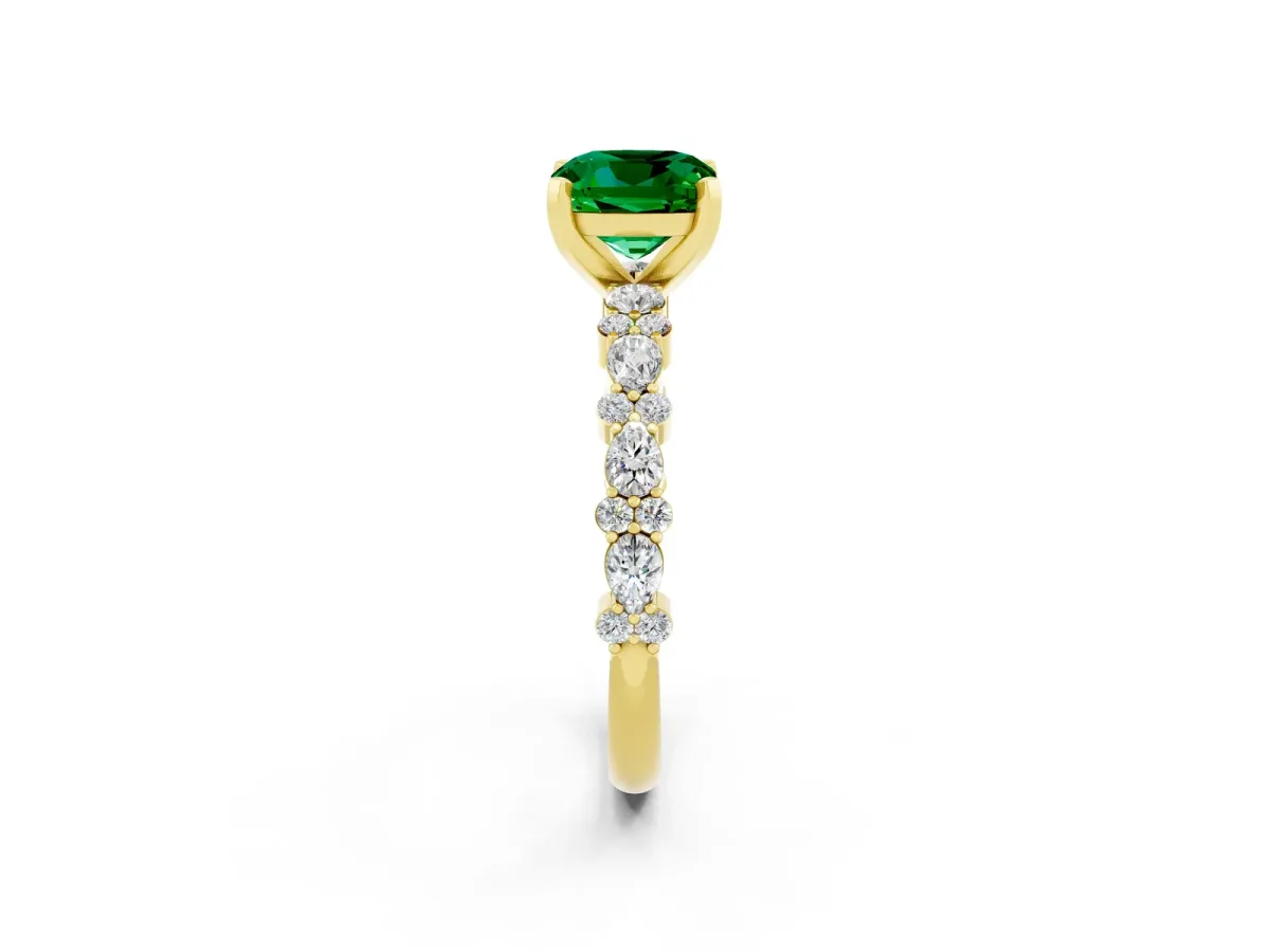 Cushion Cut Emerald Side Stone Solitaire Ring with Round and Four-Prong Setting Yellow gold