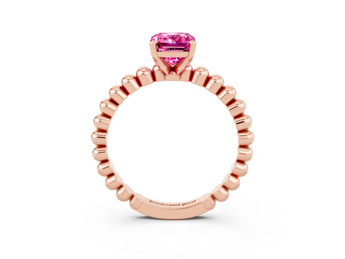 Emerald Cut Pink Sapphire Solitaire Ring with Beaded Band and Prong Setting Rose gold