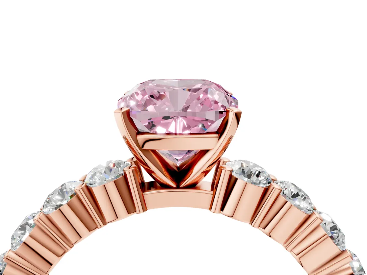 Fancy Pink Cushion Cut Diamond Solitaire Ring with Shared Prong Round Side Stones Rose gold