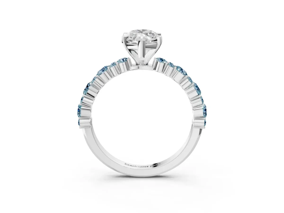 Marquise Cut Diamond Side Stone Solitaire Ring with Round Aquamarine and Four-Prong Setting Silver