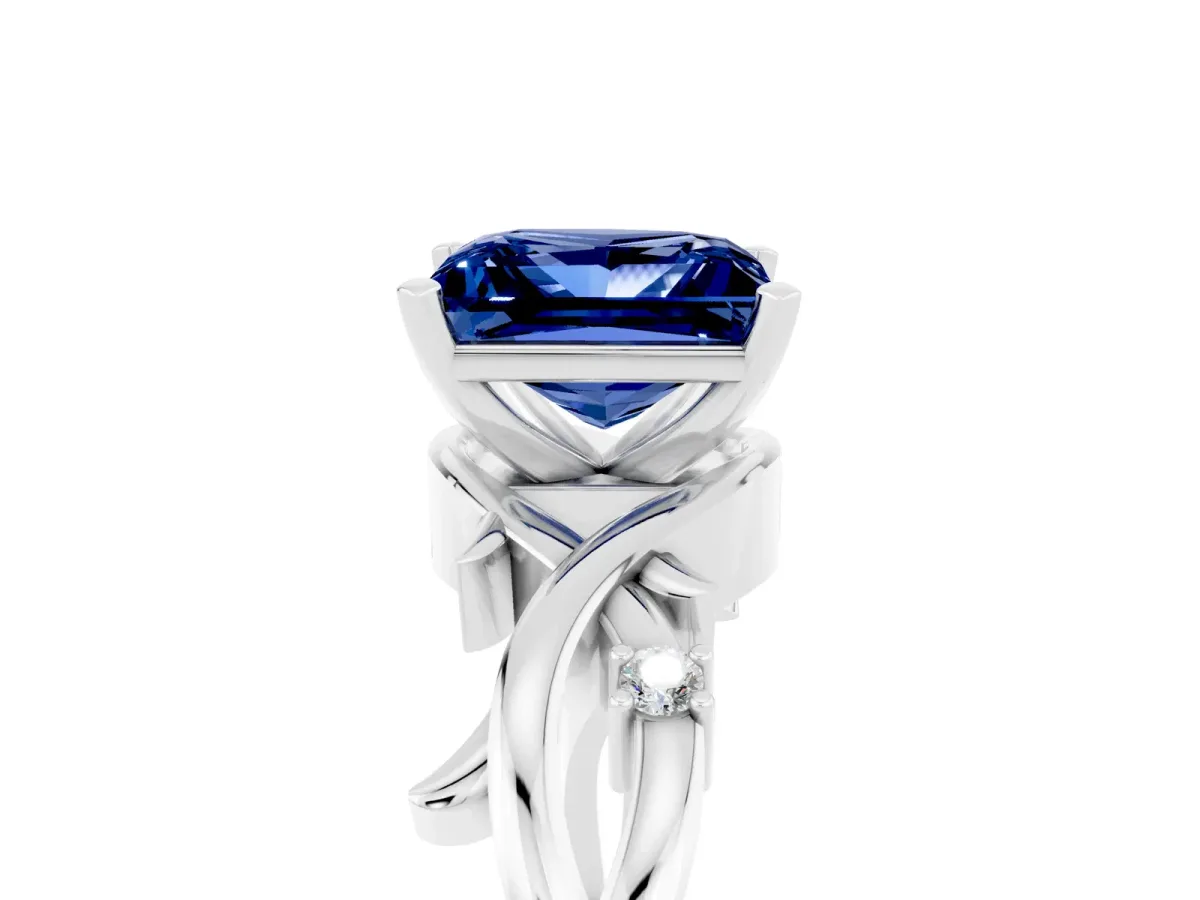 Princess Cut Blue Sapphire Solitaire Ring with Twisted Band and Prong Setting Silver
