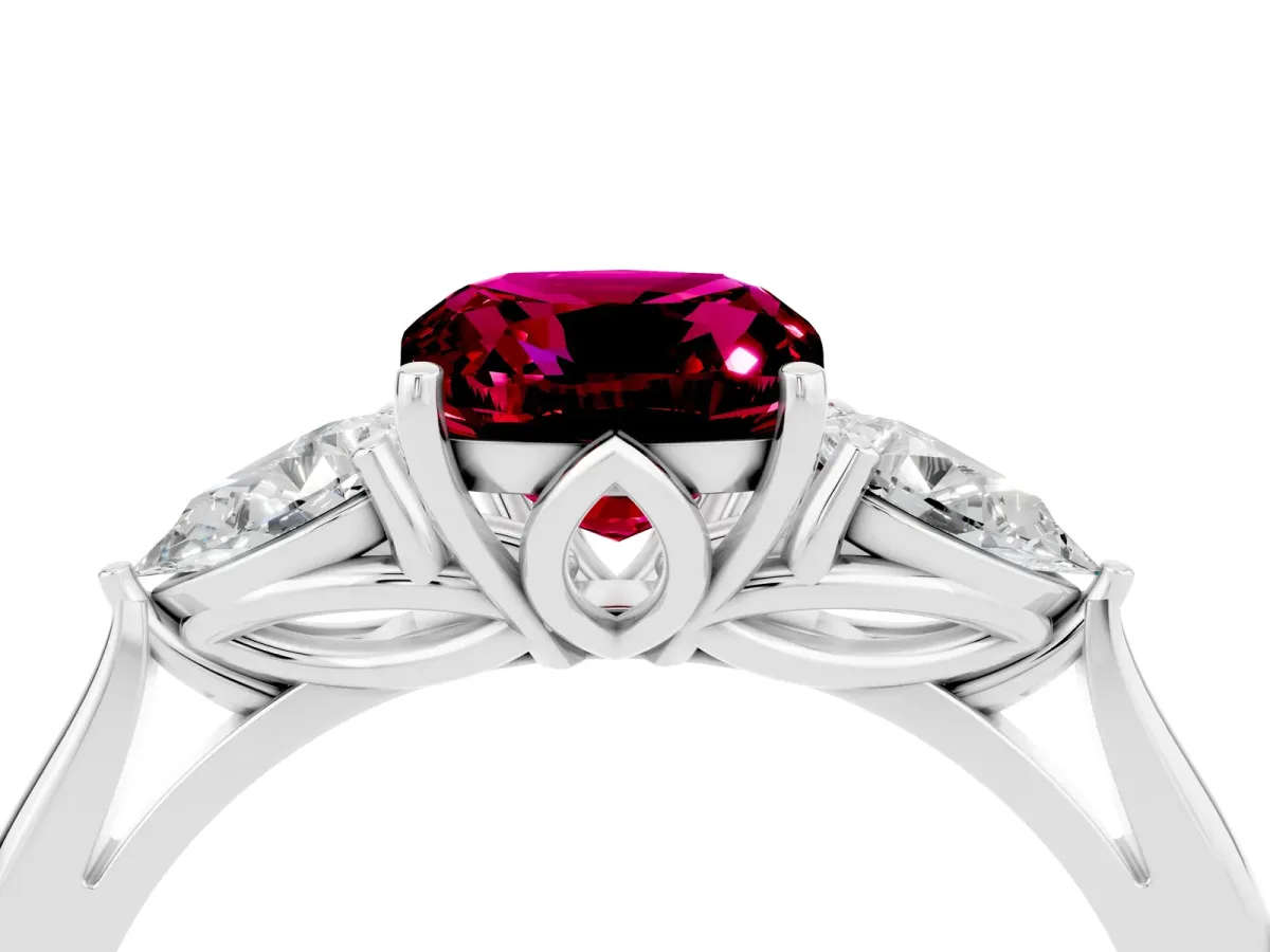 Three-Stone Cushion Cut Garnet Ring with Pear Side Stones in Four-Prong Setting White gold