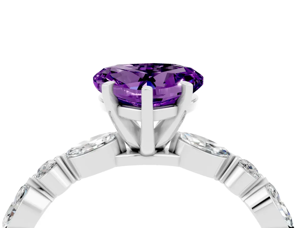 Heart Cut Amethyst Ring with Marquise and Round Side Stones and Four-Prong Setting Silver