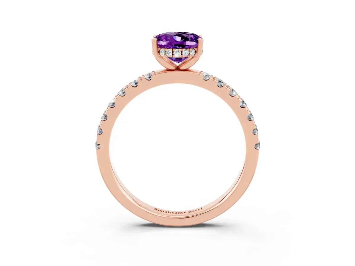 Oval Cut Amethyst Pave Band Solitaire Ring with Round and Prong Setting Rose gold