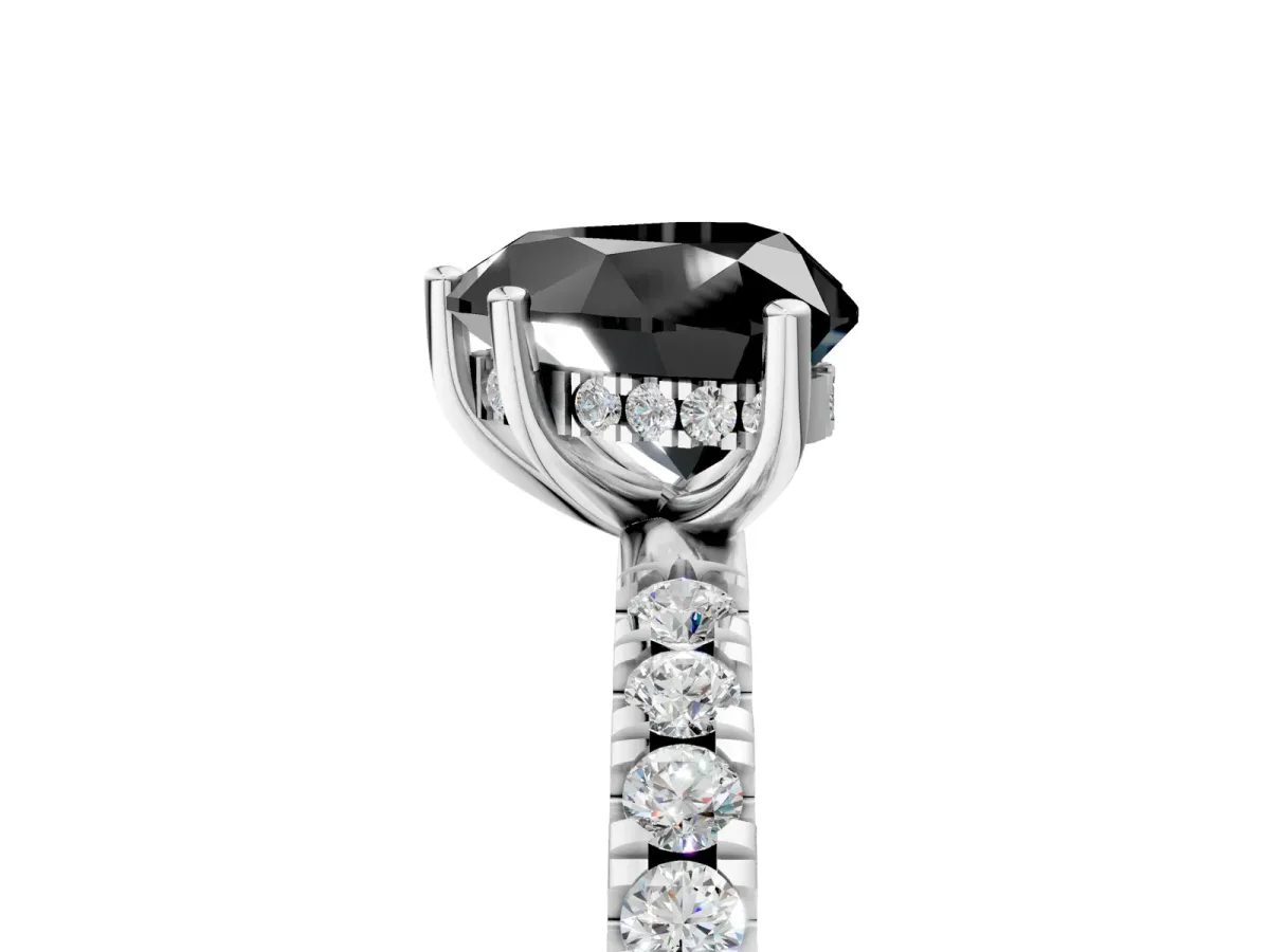 Fancy Black Heart Cut Diamond Pave Band Solitaire Ring with Round and Prong Setting Platinum