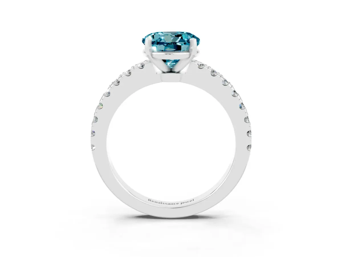 Round Cut Solitaire Blue Topaz with Pavé Band and Four-Prong Setting Silver