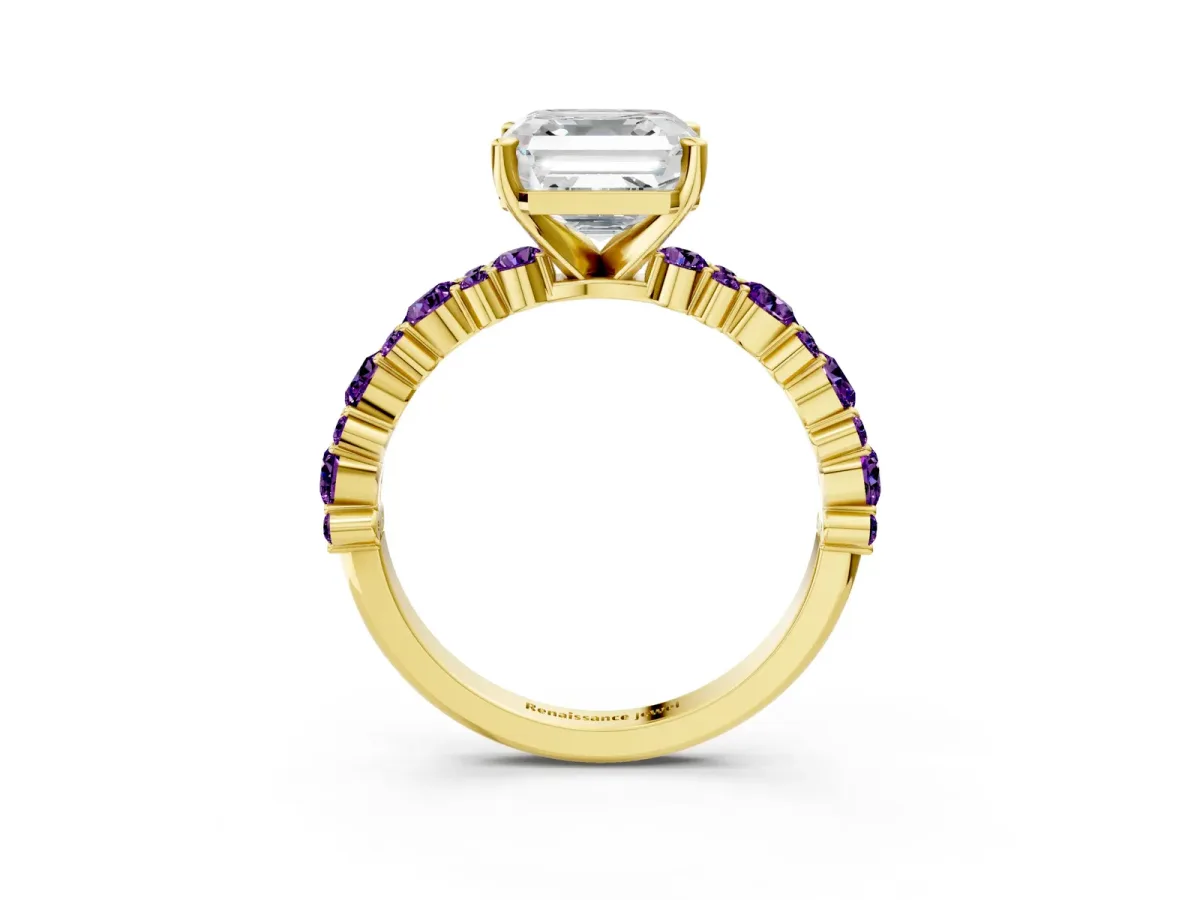 Asscher Cut Diamond Side Stone Solitaire Ring with Round Amethyst and Four-Prong Setting Yellow gold