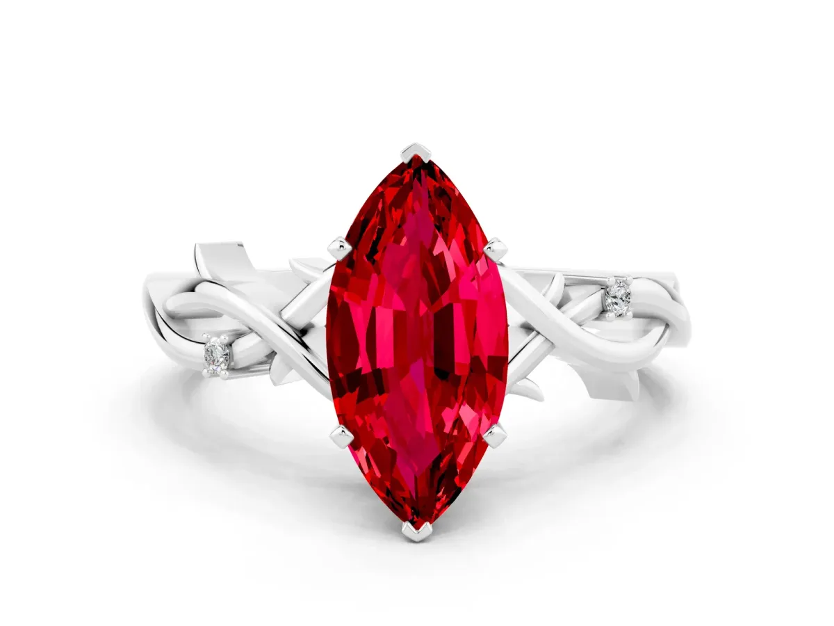 Marquise Cut Ruby Solitaire Ring with Twisted Band and Prong Setting Silver