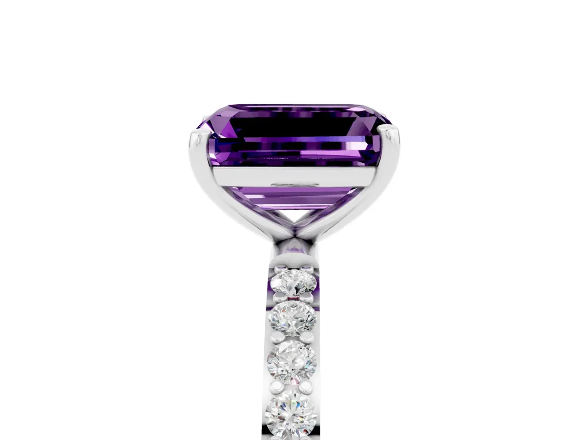 Emerald Cut Amethyst Solitaire Ring with Round Pavé Band and Prong Setting White gold
