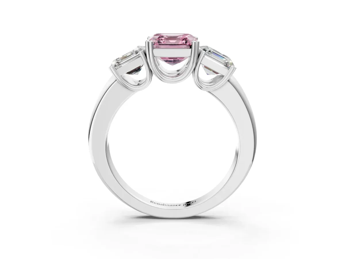 Fancy Pink Three-Stone Asscher Cut Cut Diamond Ring with Channel Set Band and Four-Prong Setting Silver