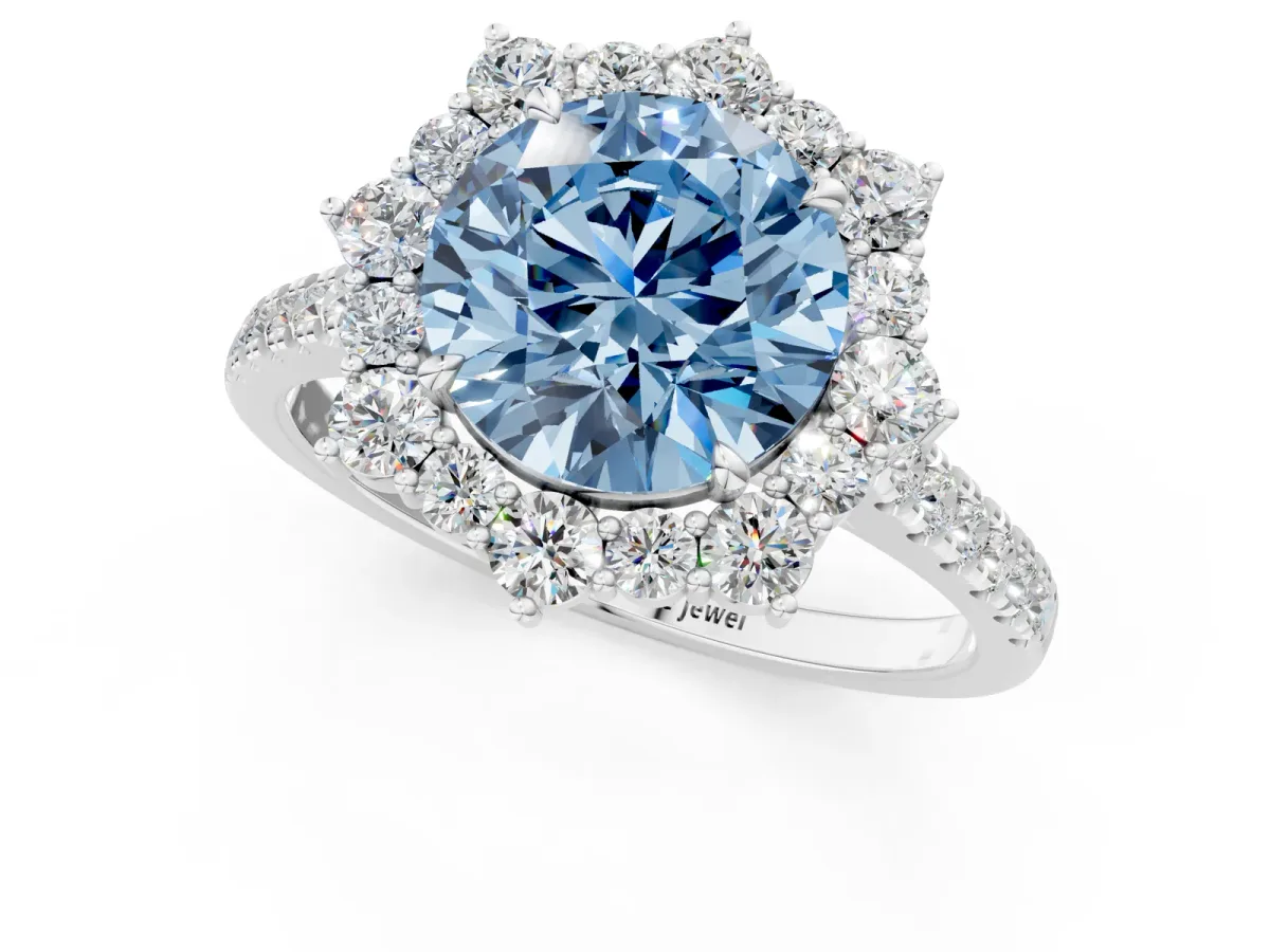 Fancy Blue Round Cut Halo Diamond Ring with Pavé Band and Prong Setting Silver