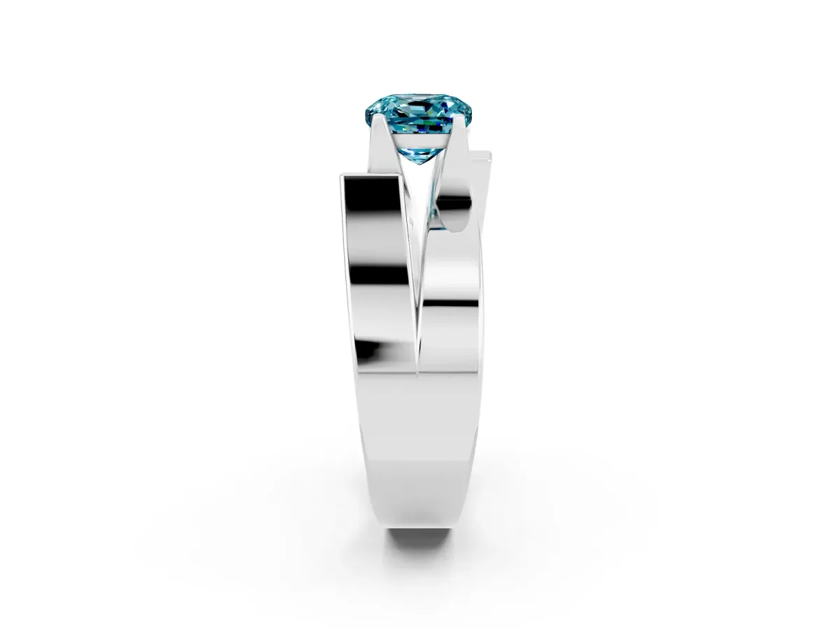 Modern Tension Set Cushion Cut Blue Topaz Solitaire Wide Band Ring Silver