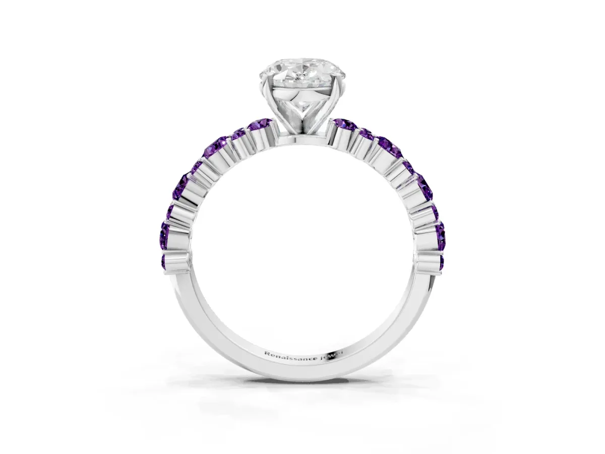 Oval Cut Diamond Side Stone Solitaire Ring with Round Amethyst and Four-Prong Setting White gold