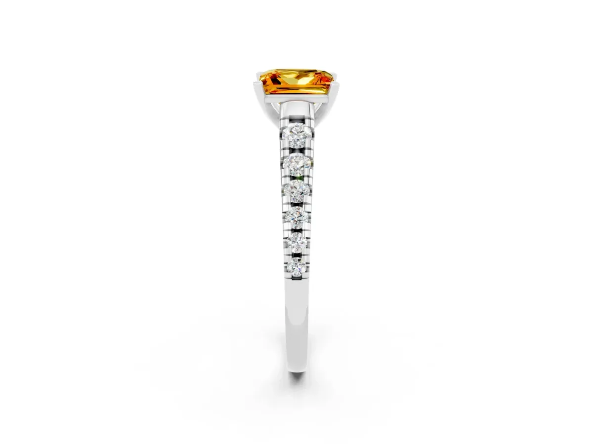 Princess Cut Citrine Cathedral Solitaire Ring with Round Pavé Band Silver