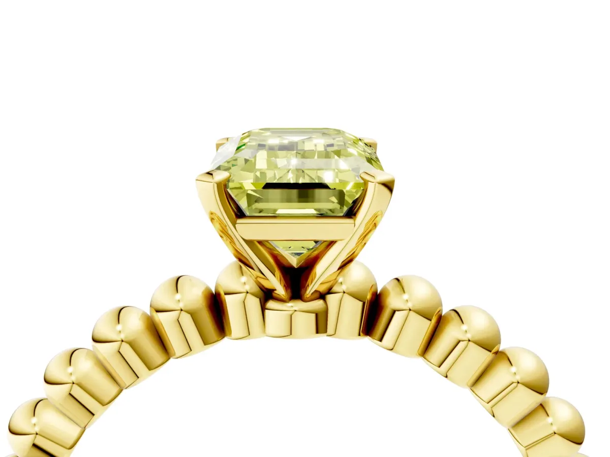 Fancy Yellow Emerald Cut Diamond Solitaire Ring with Beaded Band and Prong Setting Yellow gold