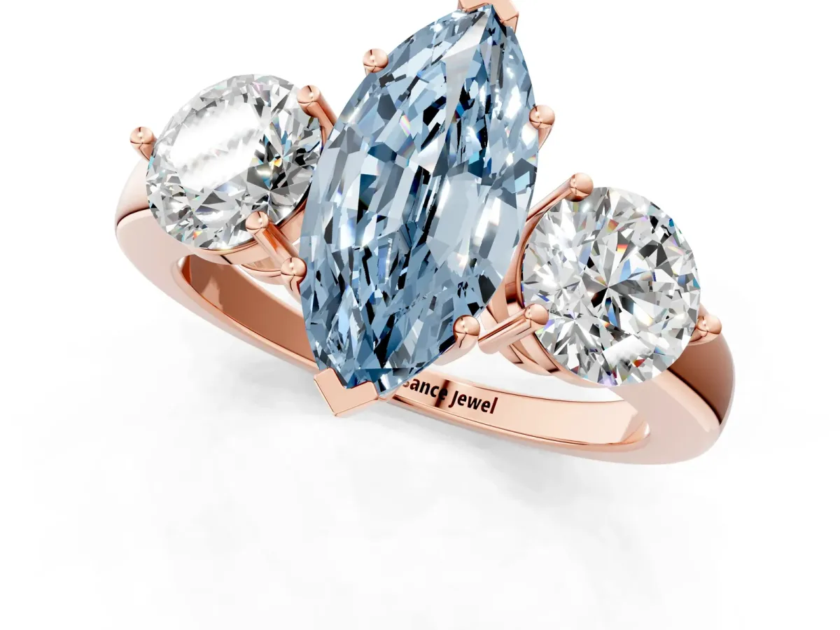 Fancy Blue Marquise Cut Diamond Three-Stone Ring with Prong Setting and Classic Band Rose gold