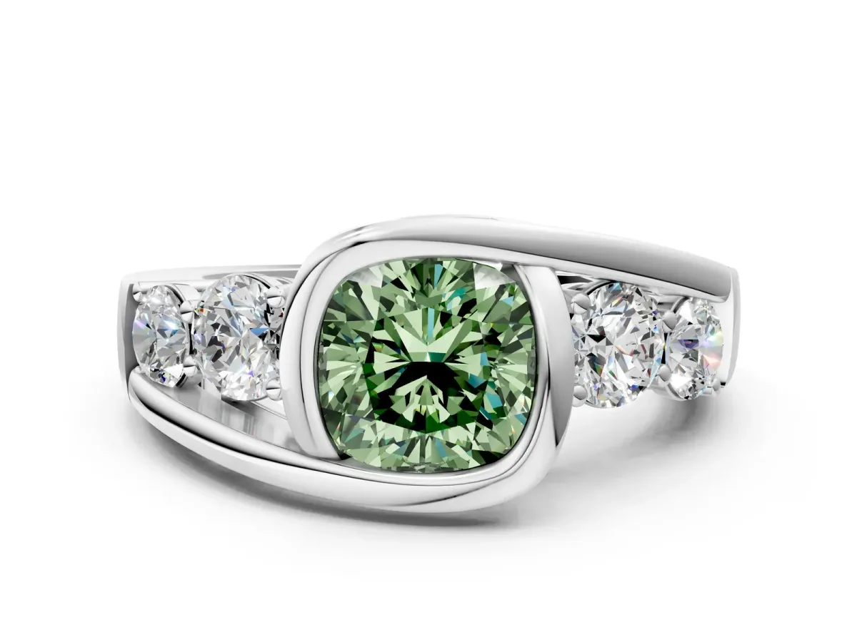 Fancy Green Bezel Set Cushion Cut Diamond Bypass Ring with Round Accents Platinum