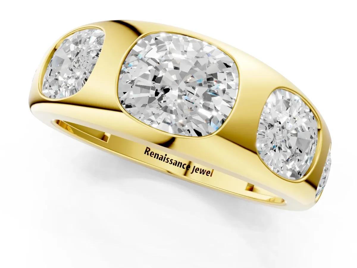 Graduated Cushion Diamond Five-Stone Mens Band Yellow gold