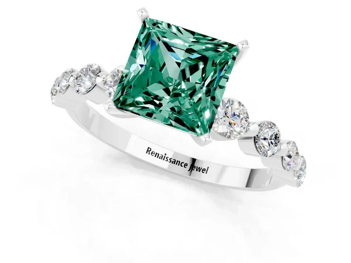 Princess Cut Solitaire Green Sapphire Ring with Pave Band and Four-Prong Setting Silver