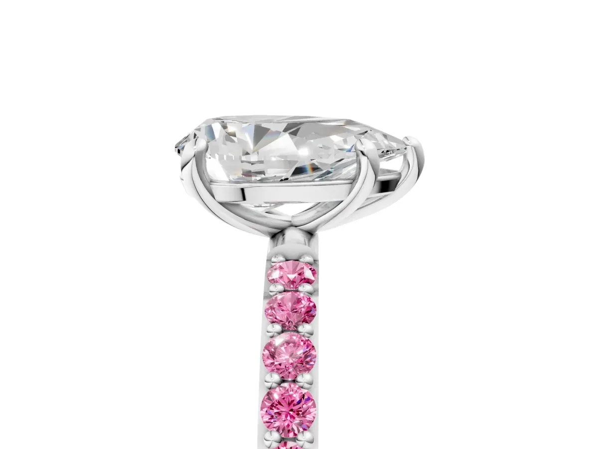 Pear Cut Diamond Solitaire Ring with Round Pink Sapphire Pavé Band and Prong Setting Silver