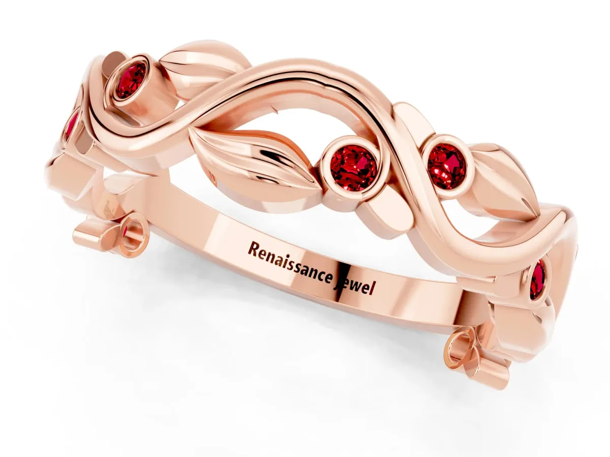 Round Ruby Leaf Eternity Band with Bezel Setting Rose gold