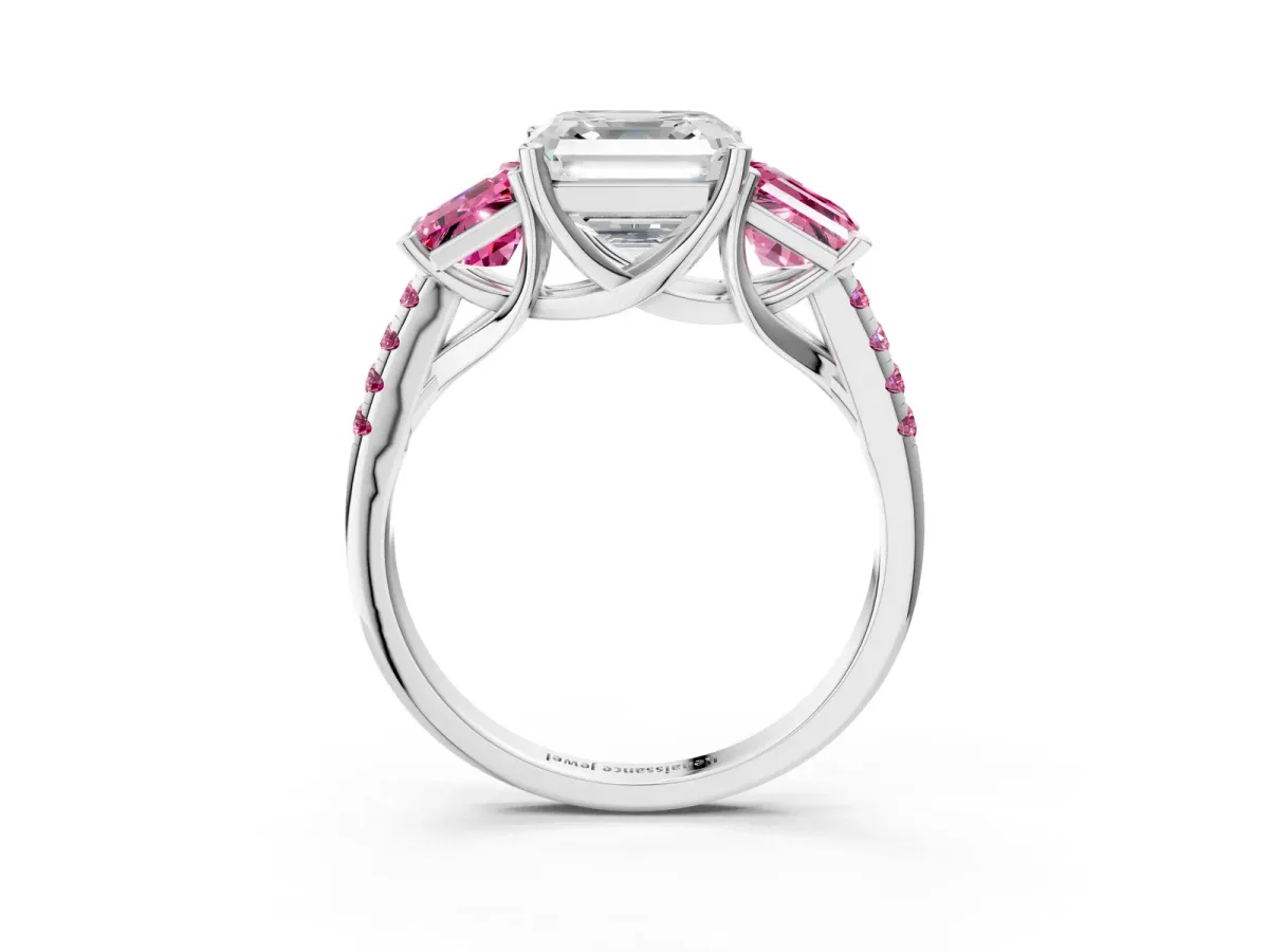 Three-Stone Asscher Cut Diamond Ring with Round Pink Sapphire Pavé Band and Prong Setting Silver