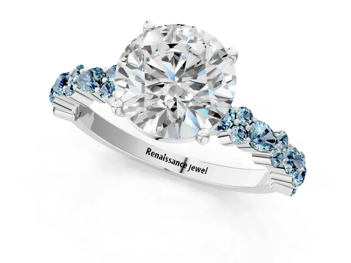 Round Cut Diamond Side Stone Solitaire Ring with Round Aquamarine and Four-Prong Setting Platinum