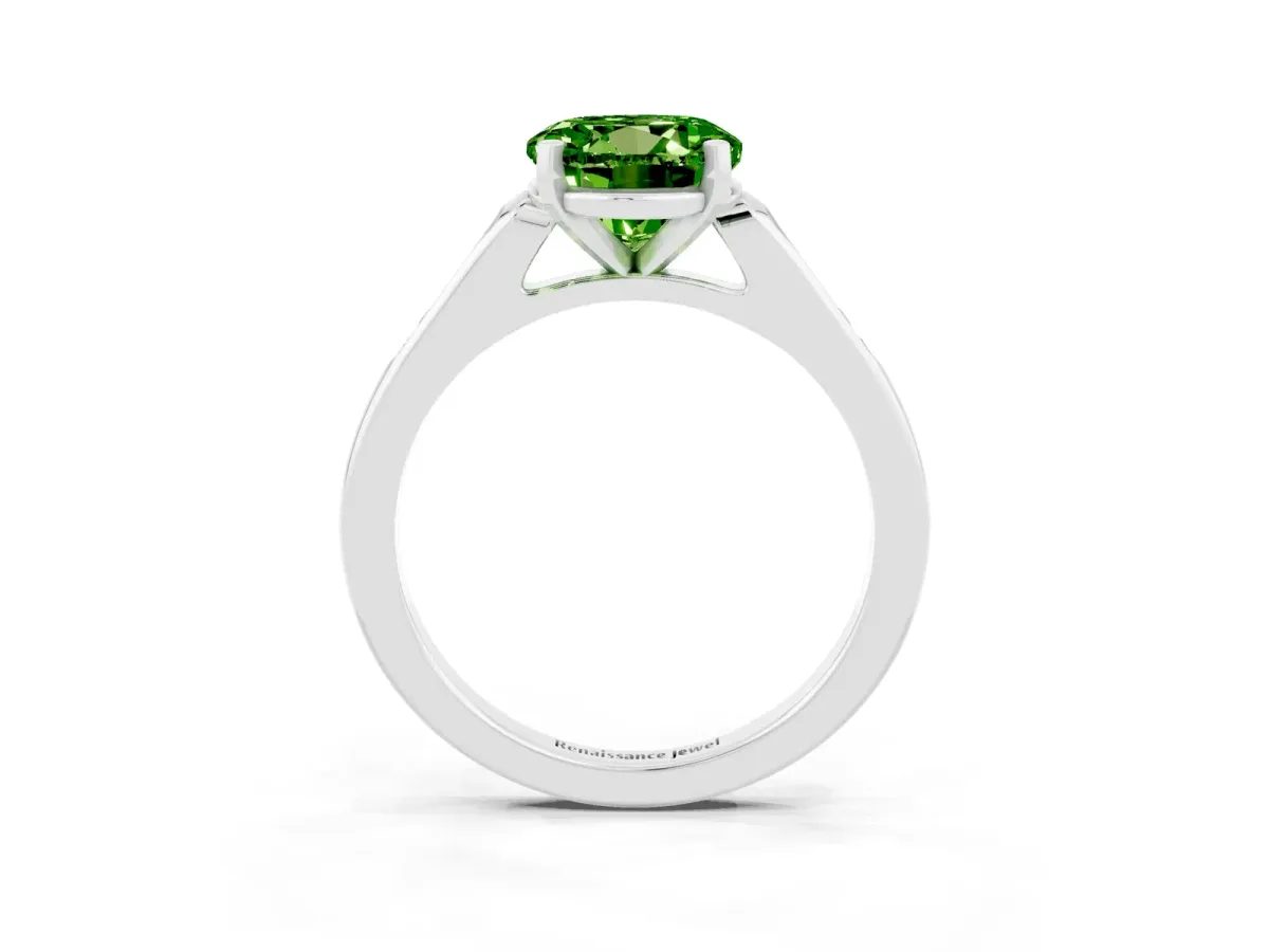 Round Cut Peridot Solitaire Ring with Channel Set Round Band and Prong Setting Platinum