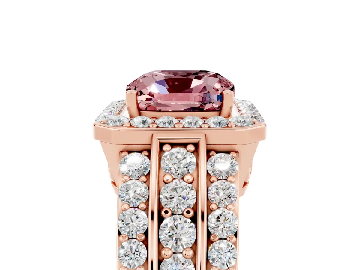 Cushion Cut Halo Morganite Ring with Round Split Shank and Prong Setting Rose gold