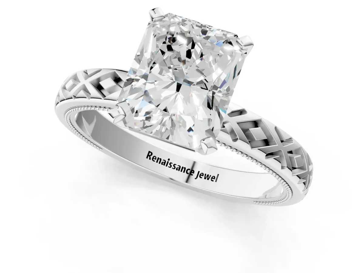 Radiant Cut Solitaire Diamond Ring with Milgrain and Black Enamel X Pattern Band Platinum