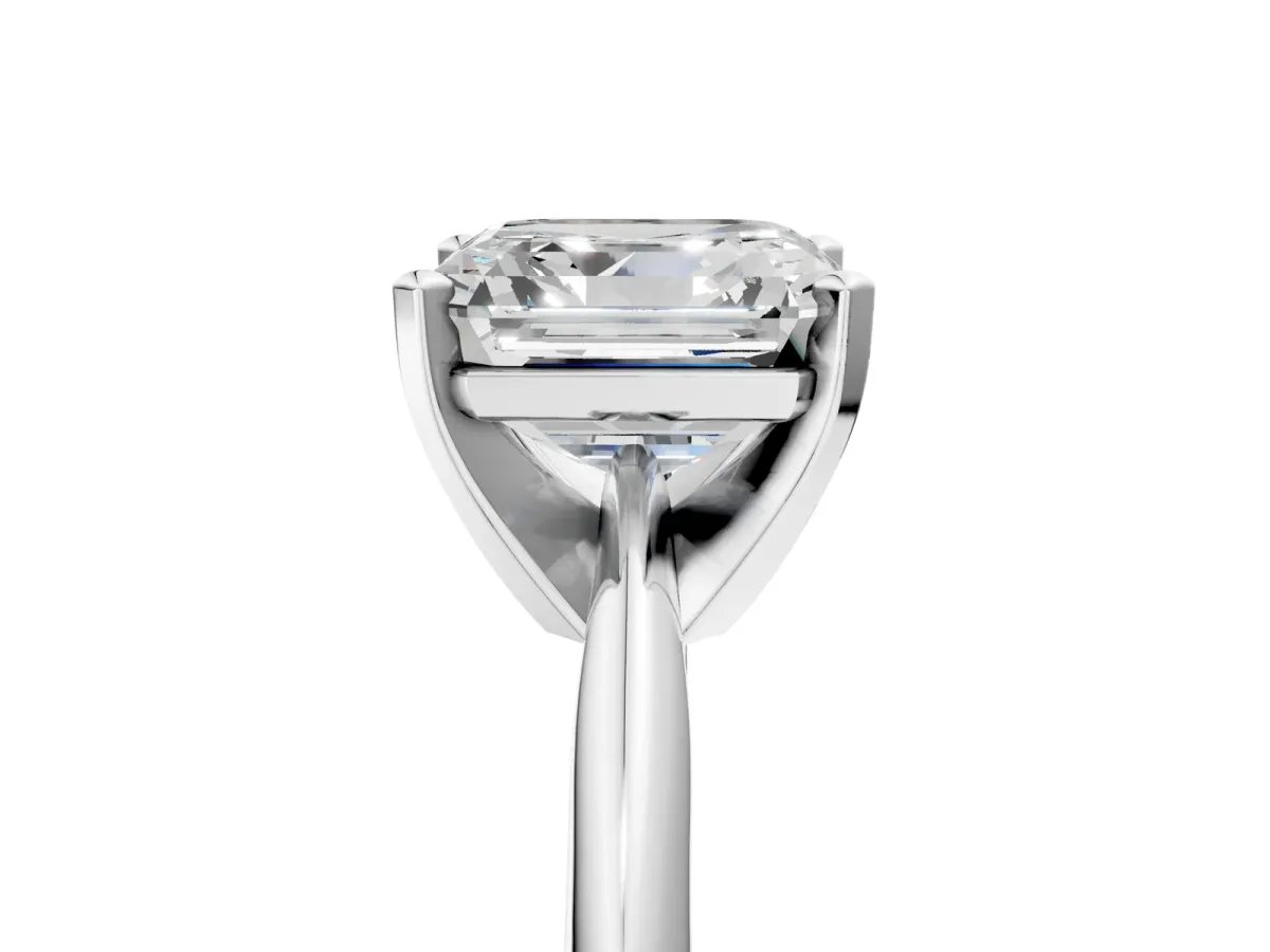 Asscher Cut Cut Solitaire Ring with Four-Prong Setting on a Classic Band Platinum
