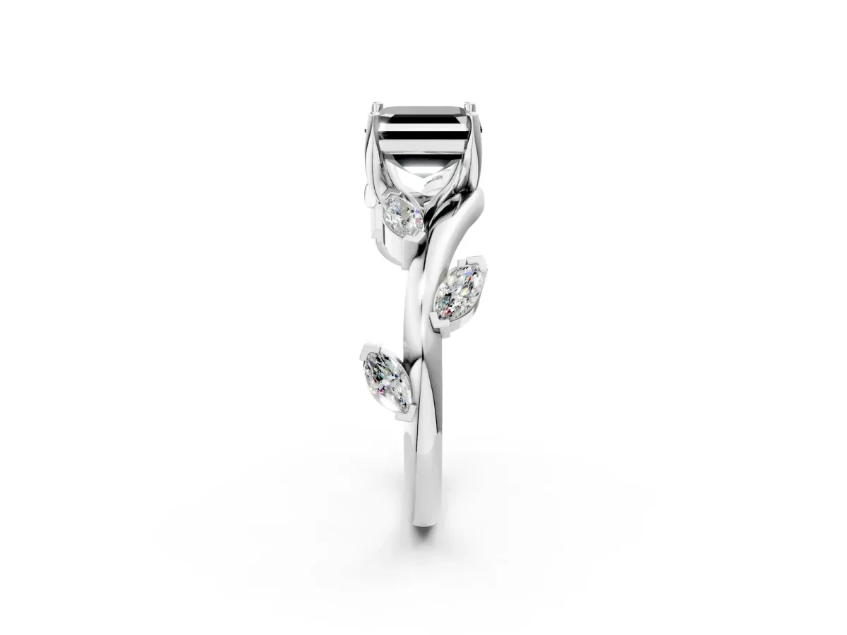 Fancy Black Asscher Cut Solitaire Twisted Band Marquise Accent Prong Setting Ring Platinum