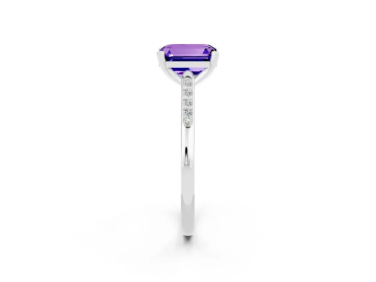 Emerald Cut Tanzanite Solitaire Ring with Channel Set Round Band and Prong Setting Silver