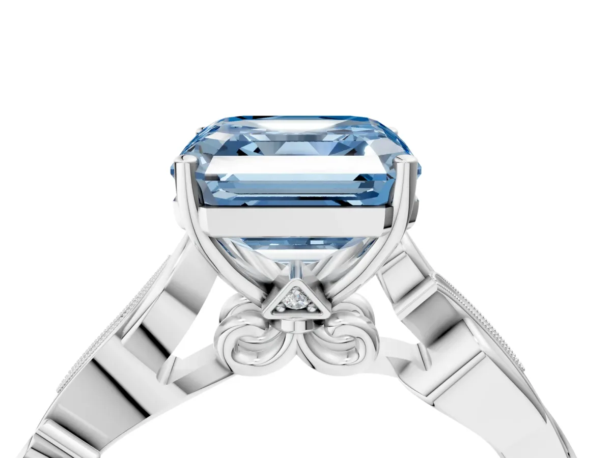 Fancy Blue Asscher Cut Solitaire Vine Band with Milgrain Prong Setting Platinum