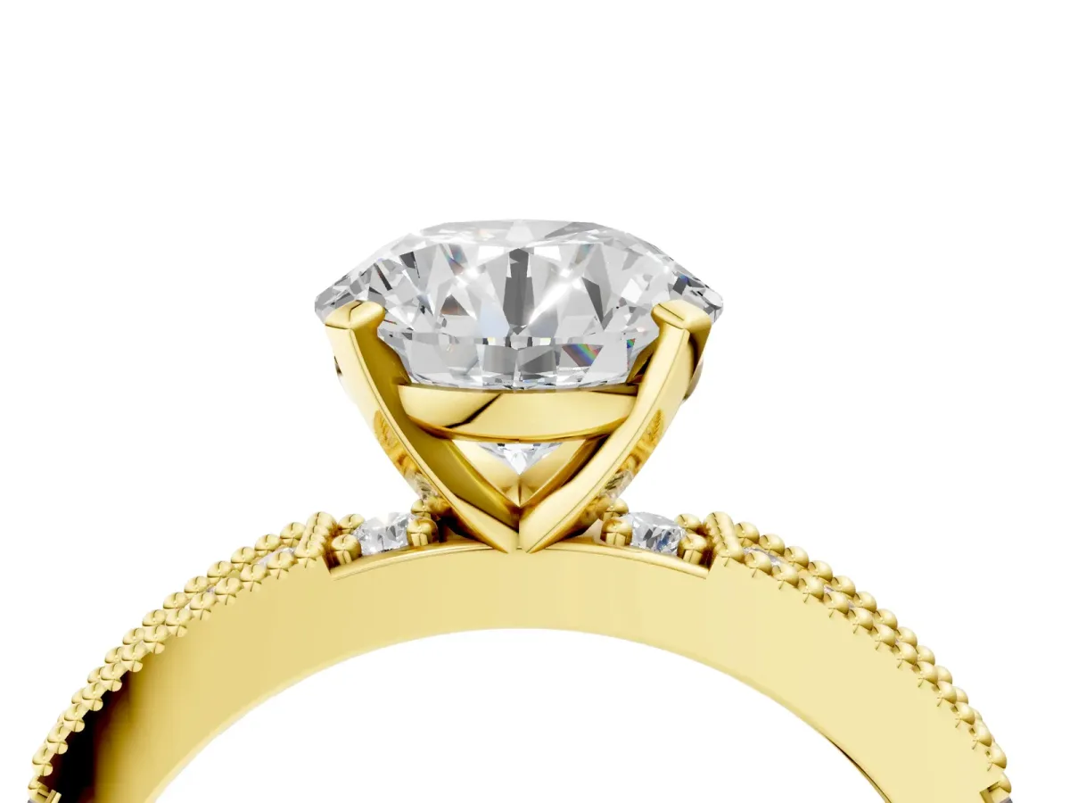Round Cut Solitaire with Pavé Band and Four-Prong Setting Yellow gold