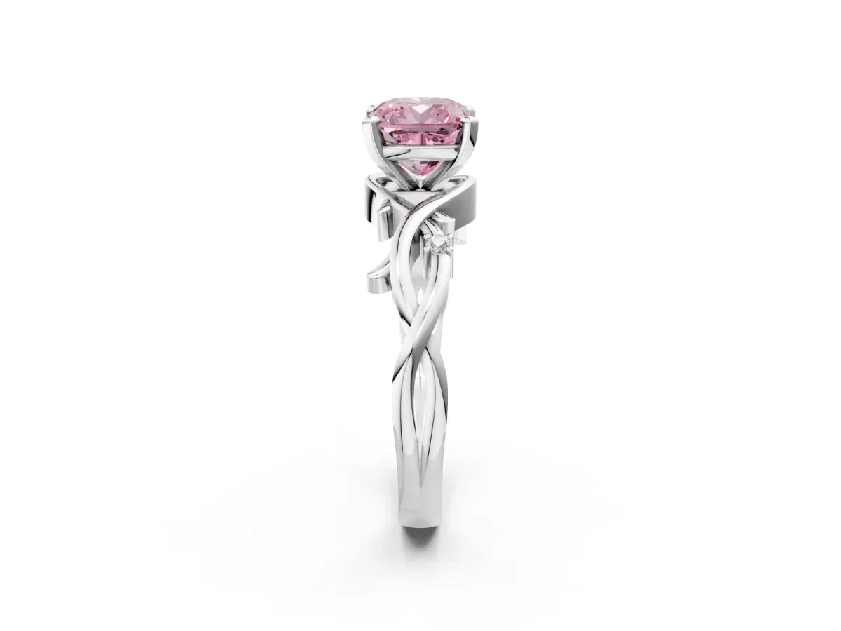 Fancy Pink Cushion Cut Diamond Solitaire Ring with Twisted Band and Prong Setting Platinum