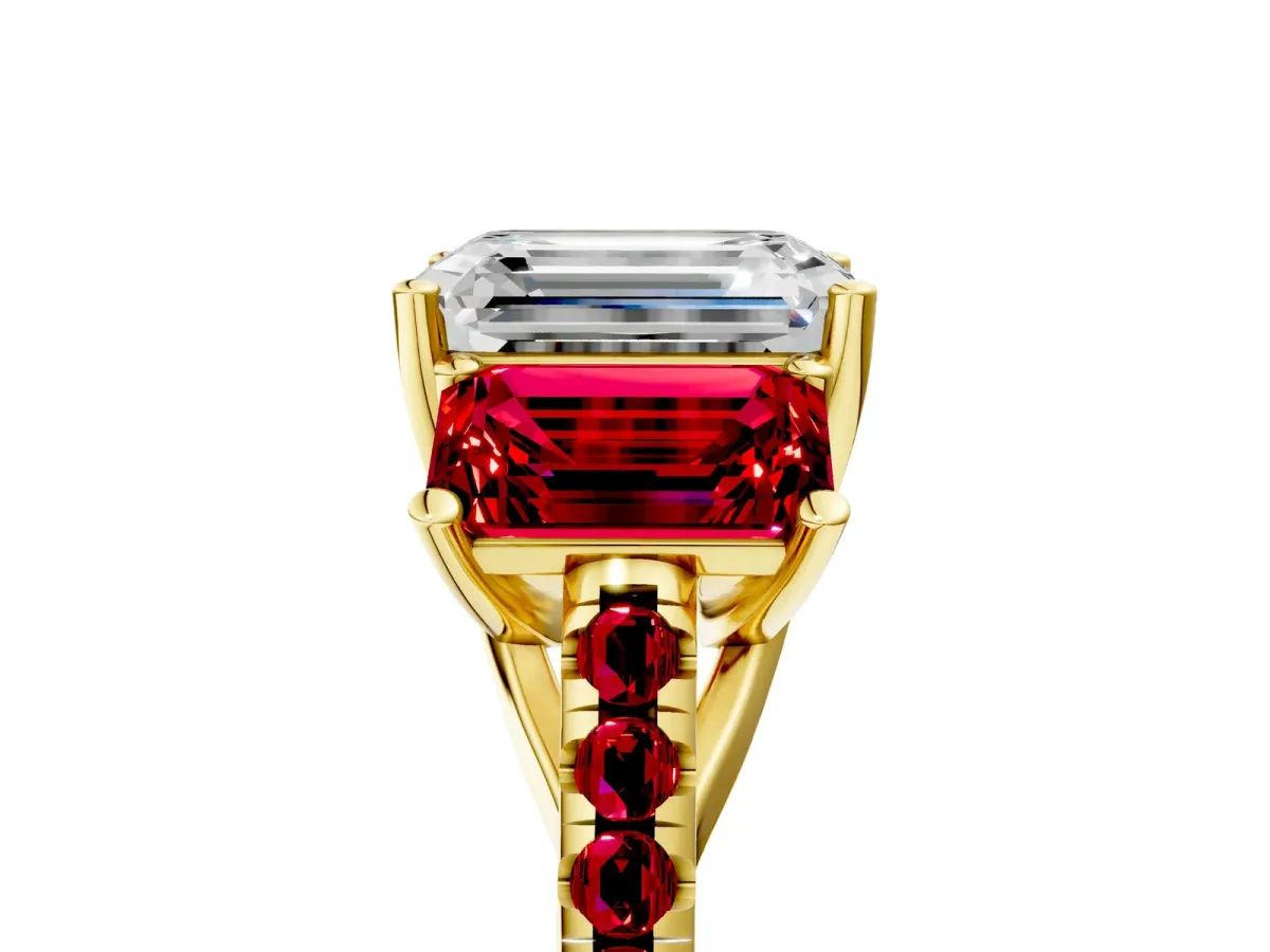 Three-Stone Emerald Cut Diamond Ring with Round Ruby Pavé Band and Prong Setting Yellow gold