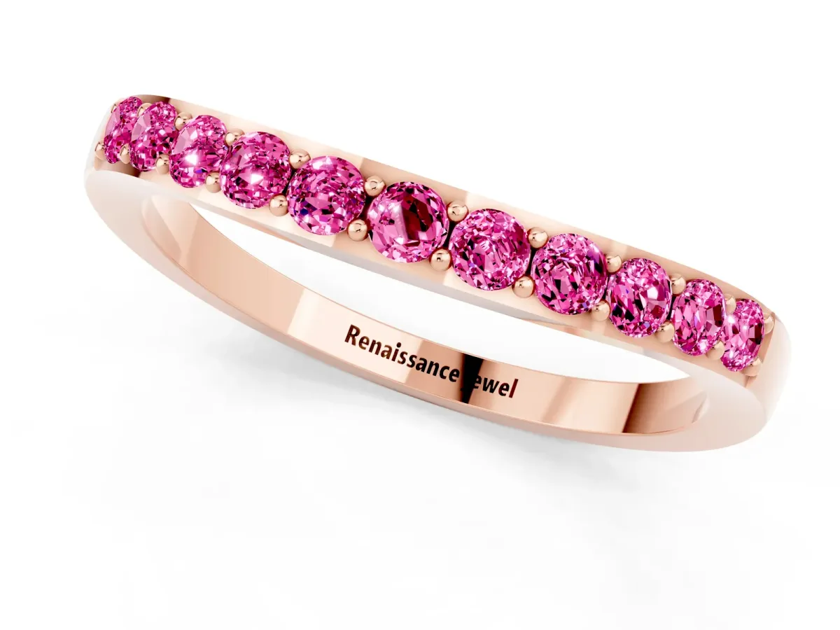 Round Pink Sapphire Curved Wedding Band with Channel Setting Rose gold