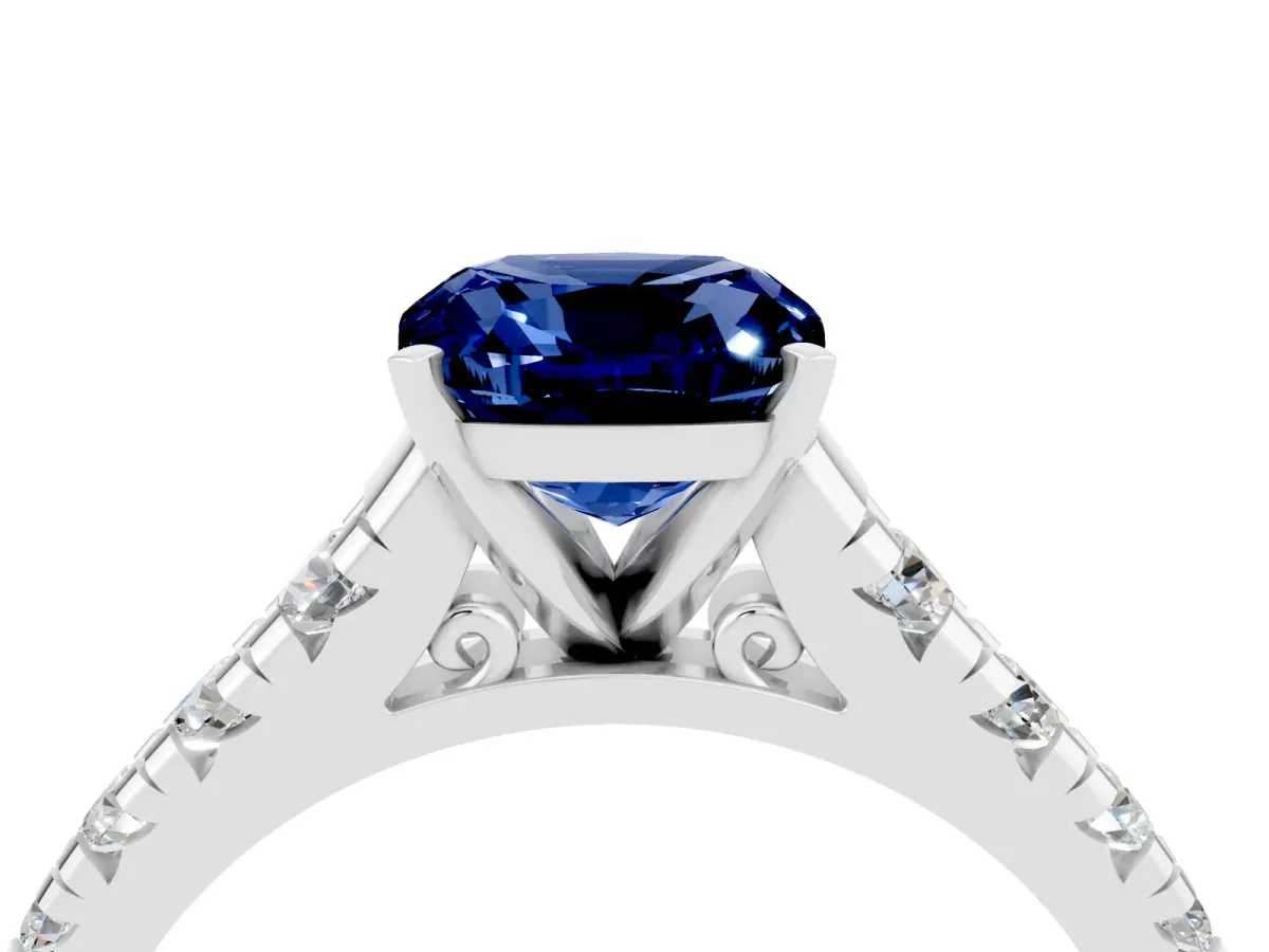 Cushion Cut Blue Sapphire Cathedral Solitaire Ring with Round Pavé Band Silver
