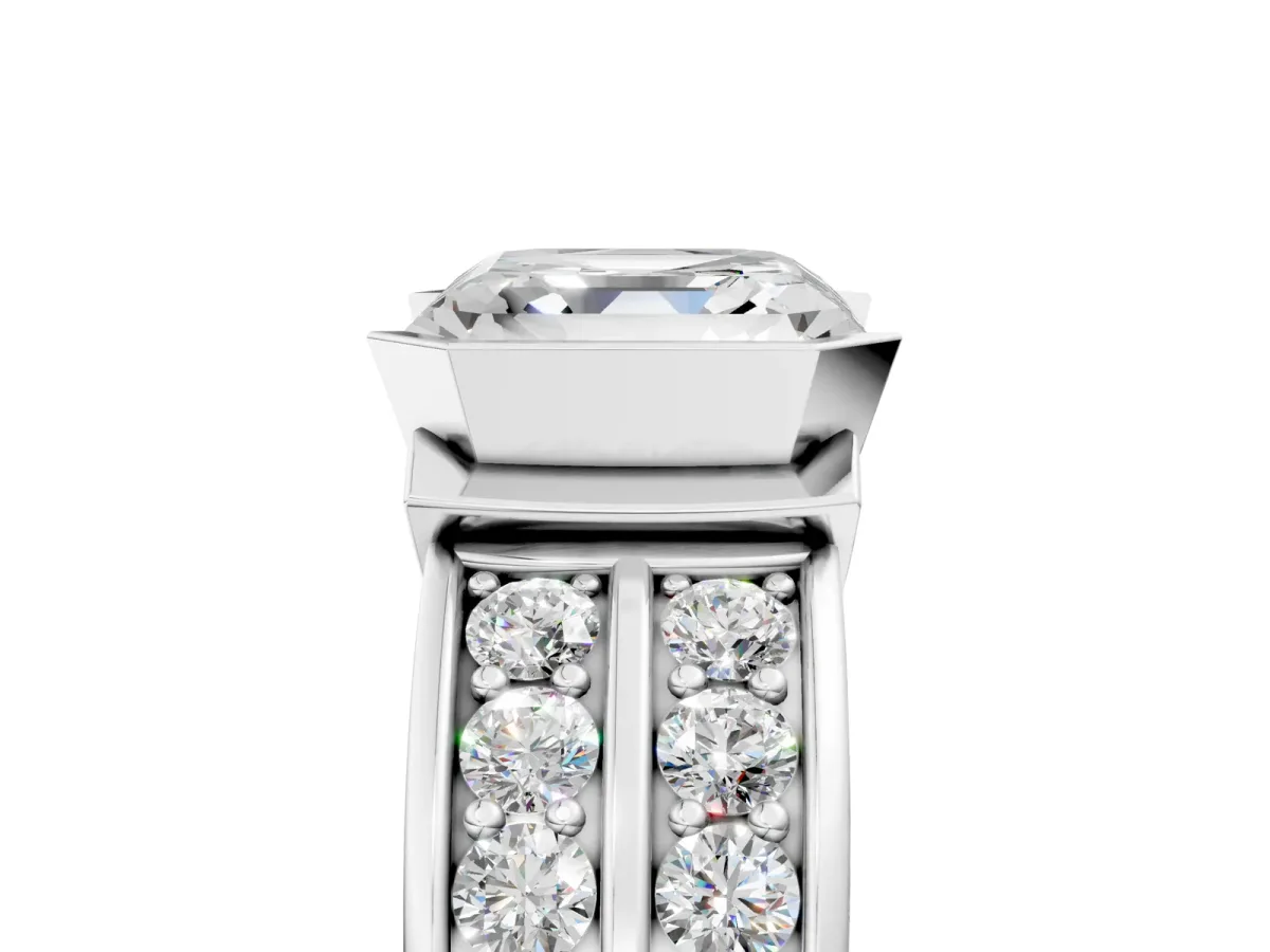 Asscher Cut Brilliant Diamond Channel Set Wide Band Ring with Bezel Setting Platinum