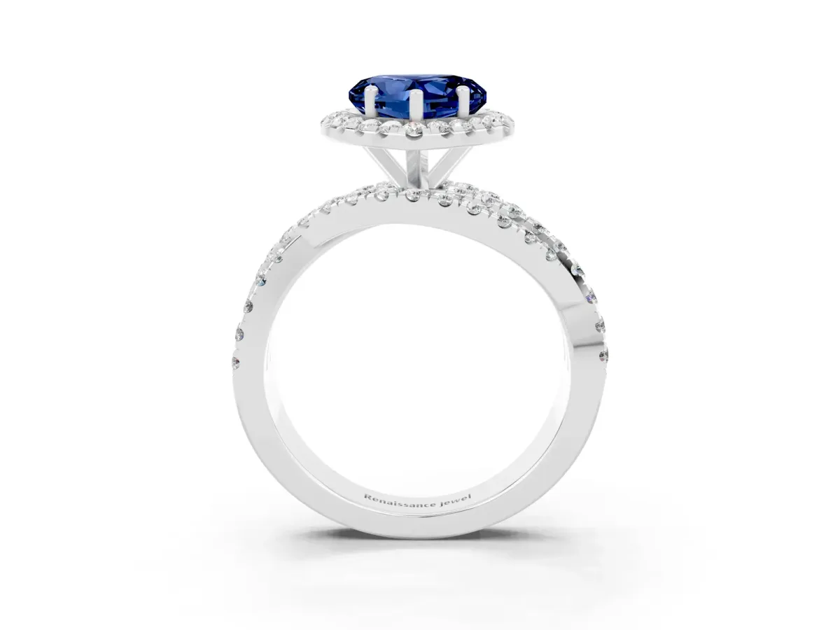 Heart Cut Blue Sapphire Halo Ring with Round Split Shank and Prong Setting Platinum