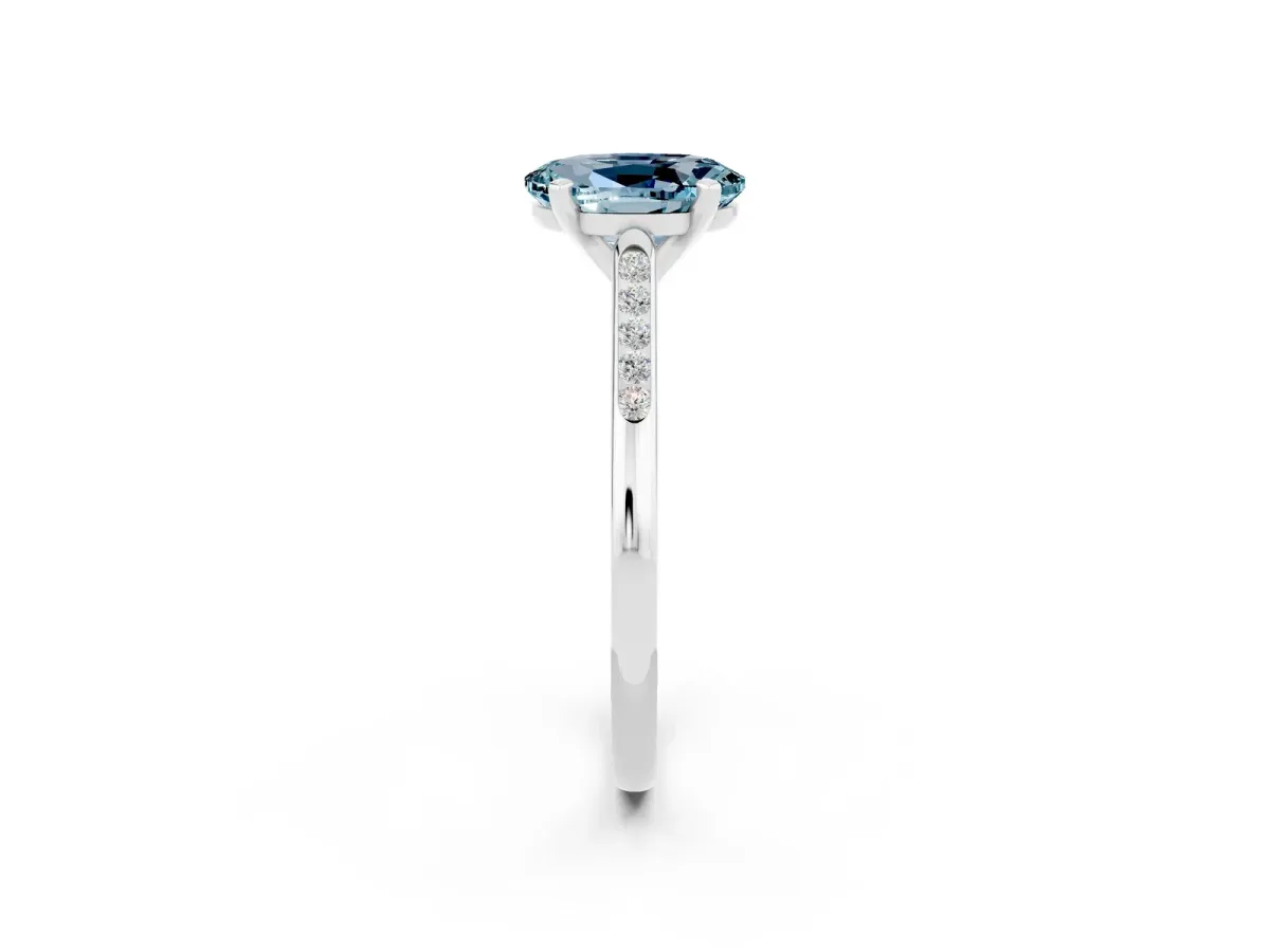 Oval Cut Aquamarine Solitaire Ring with Channel Set Round Band and Prong Setting Silver